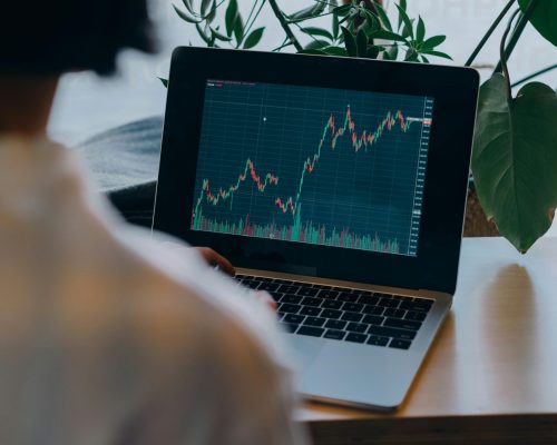 A person analyzing stock market graphs on a laptop in an indoor setting, ideal for business and finance themes.