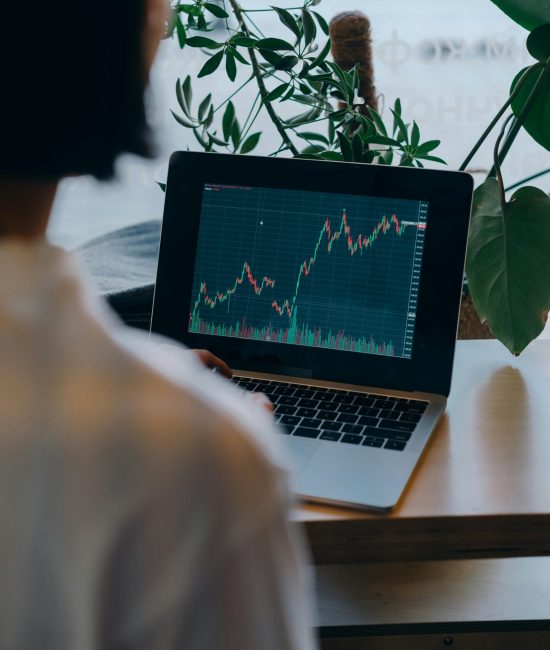 A person analyzing stock market graphs on a laptop in an indoor setting, ideal for business and finance themes.